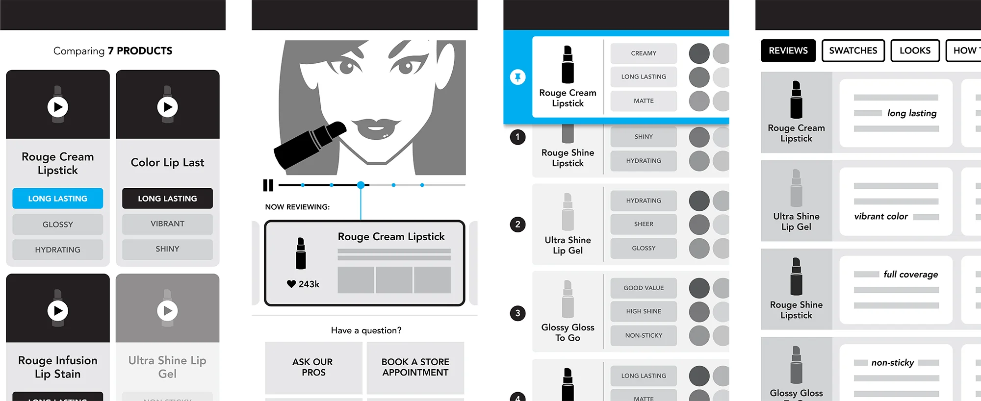 Sketches of potential ways for her to compare products and see relevant reviews.