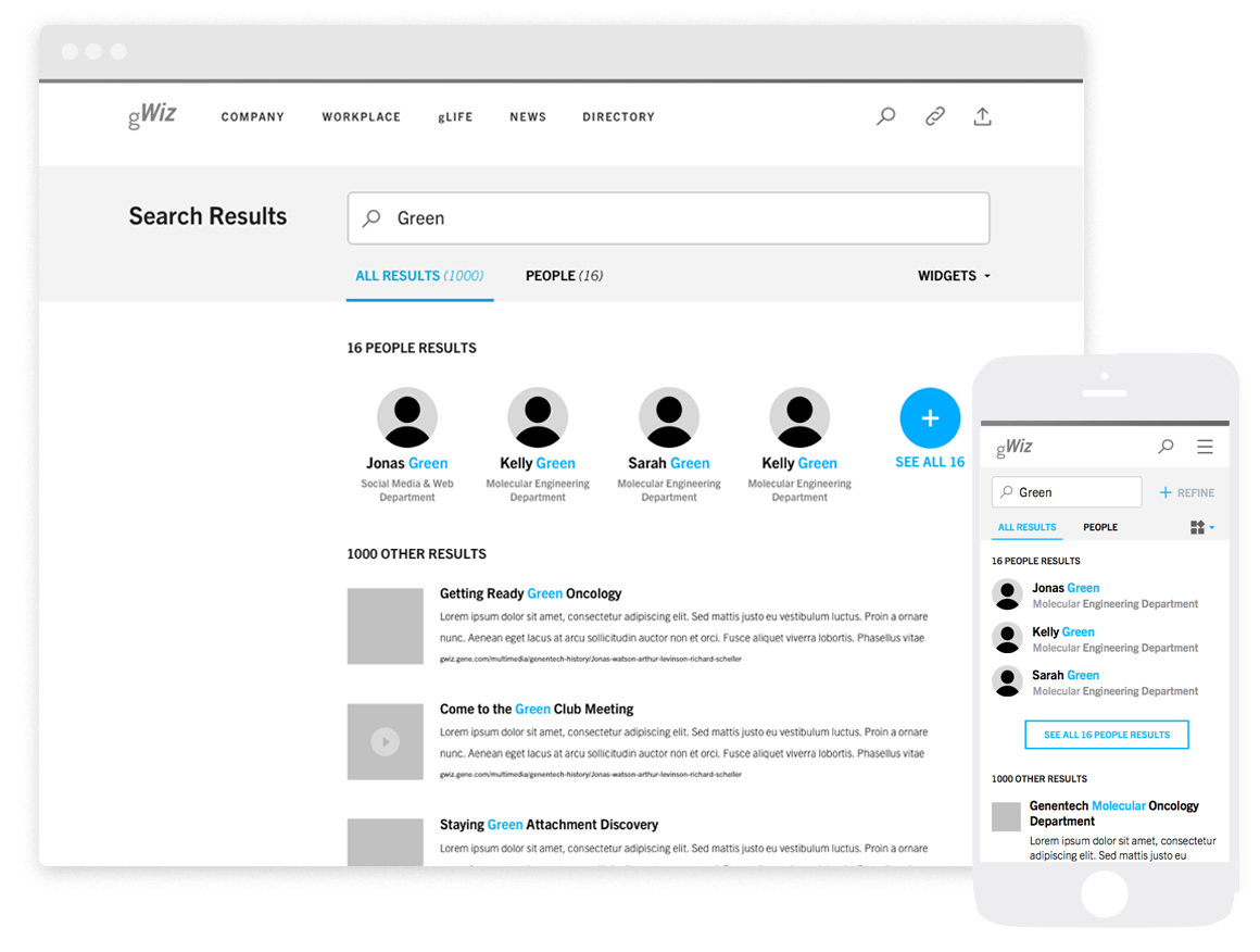 Users could search across the entire site, with a special tab for searching the employee directory.