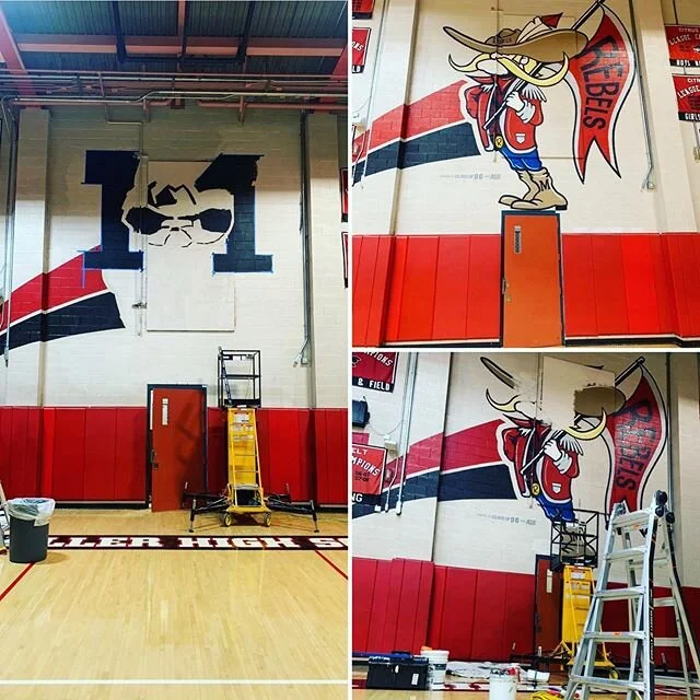 This one has been since before the world was stopped.  A lil facelift never hurt anybody.  #mural #muralpainting #schoolpainting #paintedlogos #paintedmascot #mascots #handpainted #signage #schoolbeautification #fontana