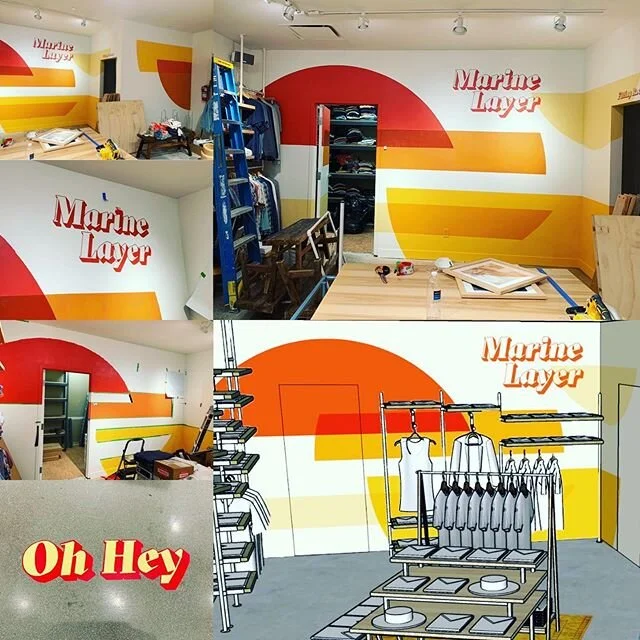 Concept to completion. Little tweaks to fit correctly but pretty close.  @marinelayer  check them out in Newport.  Thanks again #marinelayer #brandingwalls #instoredesign #abstractart #newportbeach #newport #sherwinwilliams #typography #typographydes