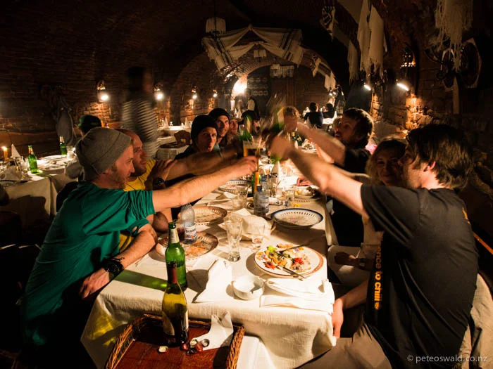 Dinner in a basement restaurant in the city of Sibiu on one of the last nights in Romania