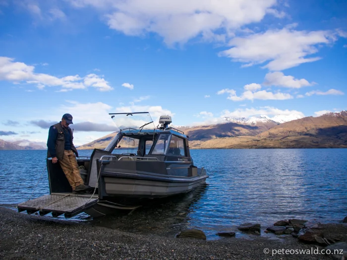 Our boat waiting to take us and our kit across Lake Wanaka to the Minaret Station where we met the chopper