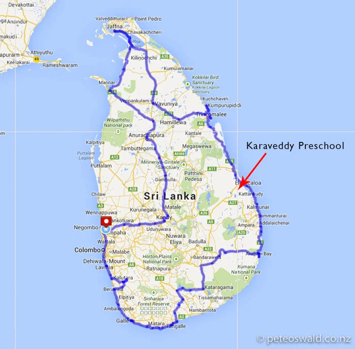 Our intended cycle route around Sri Lanka 1500km starting and finishing at Negombo Airport