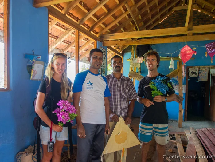 Soph, Ranchan (OSL manager), Brady (head carpenter) and myself under the nearly finished roof. The new roof will withstand damaging storms and the higher pitch and high quality tiles create a cooler and healthier interior for the students