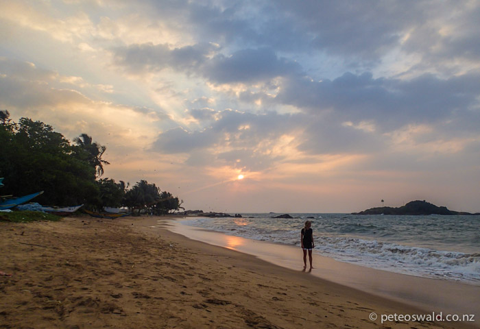 Soph in the last light on the beach at Beruwala