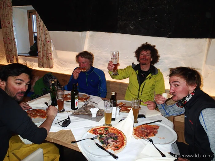 Exquisite Italian pizza in Ridauntal Valley, South Tirol after an epic day filming, L-R: Joi Hoffman, Michi Troja, David Pitschmann & Alex Hoffman
