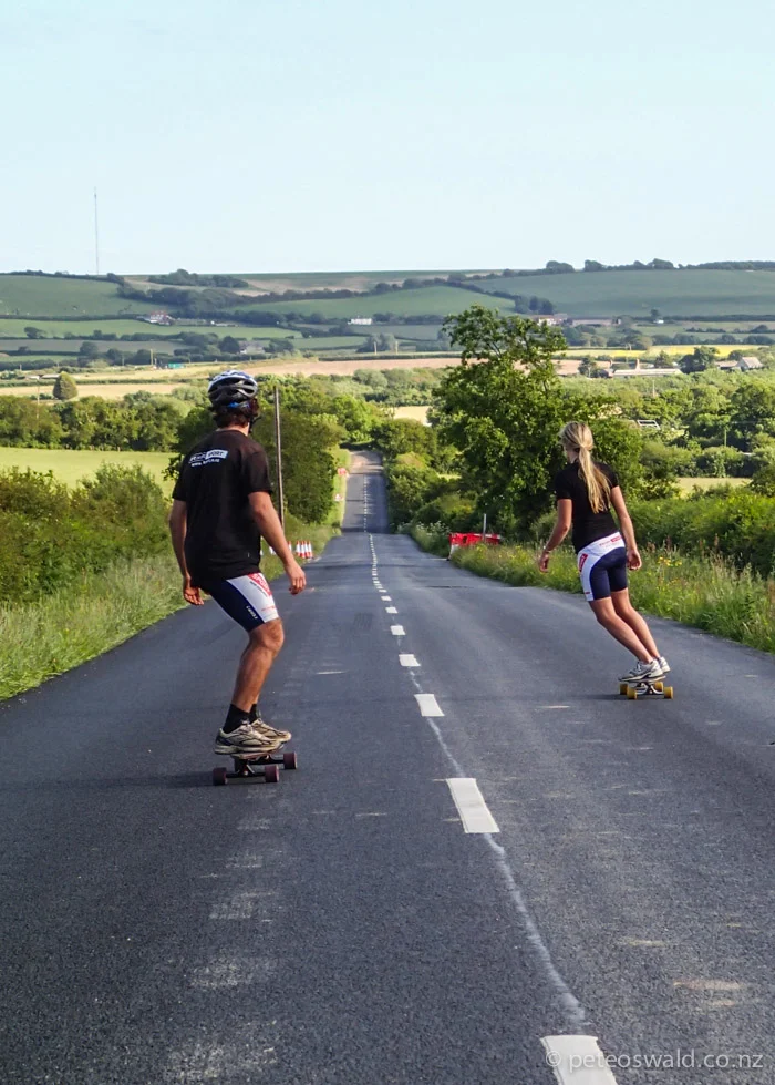 Skating in lycras! While out cycling, Soph and I saw a friend in a car with skaters so we borrowed the boards and went for a blat. Photo: Claudia Manser