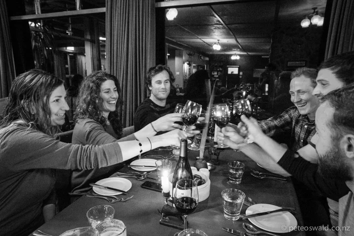 A delicious hearty meal and fine wine from the team at Ohau lodge to celebrate a great couple of days with fantastic people! L-R: Veronica Asmus, Nat Segal, myself, Lukas Zoegernitz, Ed Rawlings & Mike Hanford. Photo: Dan Power