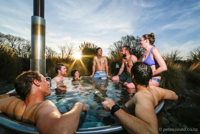 A hot tub at Omarama Hot Tubs to round of the trip in the Mckenzie Country . L-R: Lukas Zoegernitz, Doug Stoddart, Nat Segal, myself, Mike Hanford, Ed Rawlings & Veronica Asmus. Photo: Dan Power