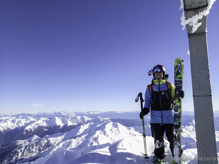 Me on the peak, freezing cold at over 3600m. They love to put crosses on all the high peaks if youβre wondering what the structure is to my left. Photo: Michi Trojer