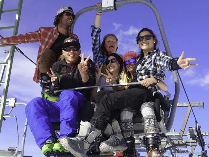 Axams new “6 man chairlift”! (L-R): myself, Robert Stoeckel, Anne Stevens, Betty Larl, Sophie Stevens, Cecci Gobi. Photo: don’t remember