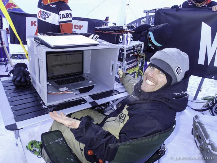 Keeping busy while injured – working for Gopro at the Fieberbrunn stop of the Freeride World Tour. Photo: Unknown