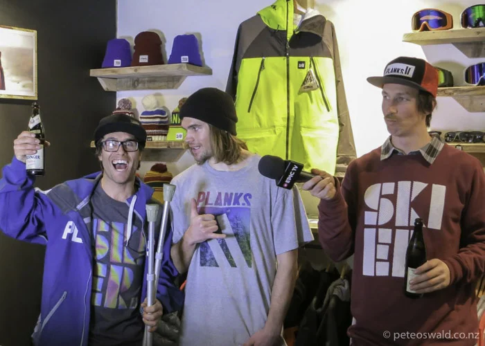 Fellow athletes Neil Williman & Jochen Mesle from the EL Flamingos production series You & The Fools enjoy a beer and an interview with Epic TV . Photo: Rob Embling