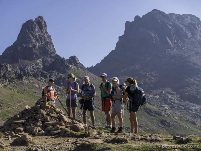 The group chilling in a mint spot with the refuge of our second night in the background on the right beneath the massive rock mountain. L-R: Harry, Alice, Dad, Will, Mum and Soph