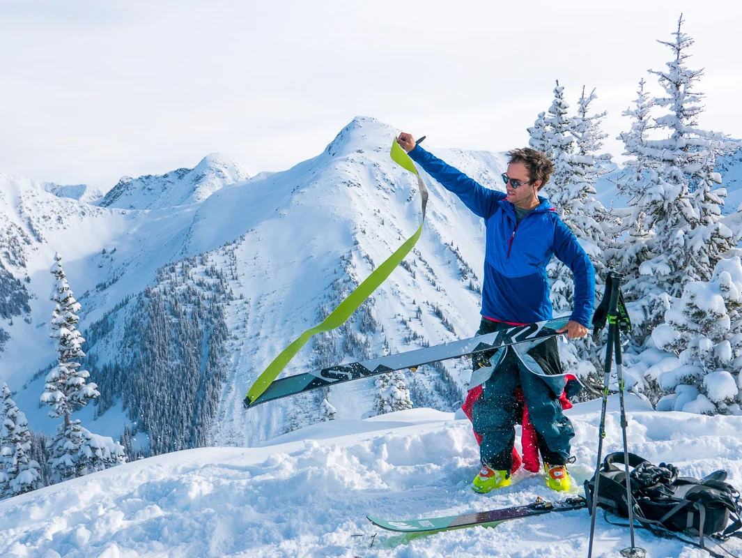 Pete shedding skins after a short tour from the hut to score abundant Pow! Photo: Tom Platts
