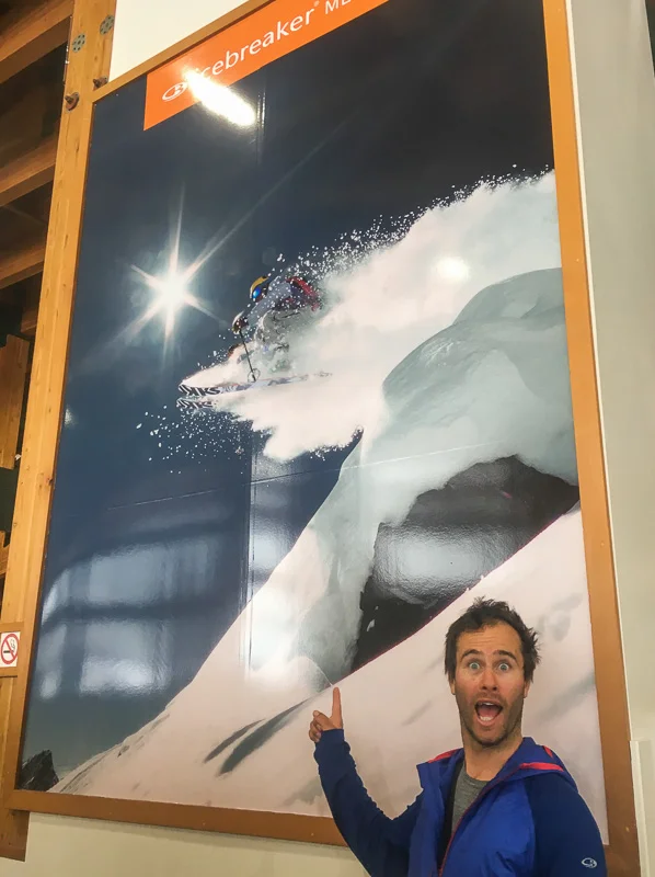 Pete finds a giant Icebreaker Poster of himself in Whistler. Photo: Sophie Stevens