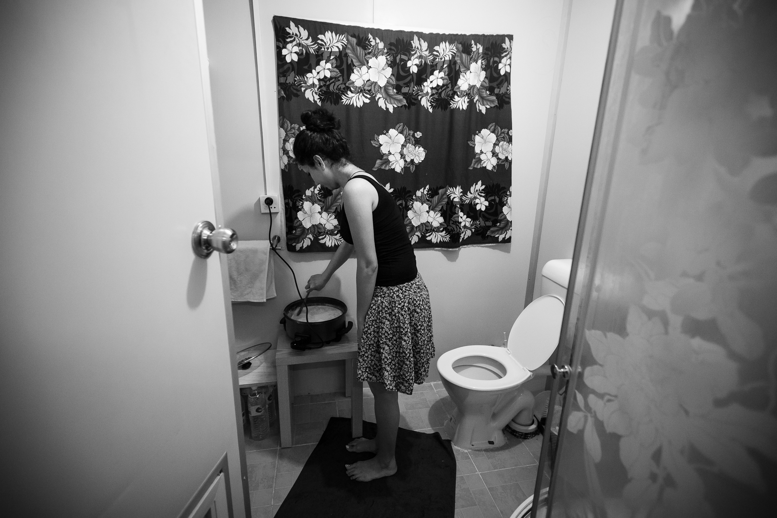 Many refugees have resorted to setting up makeshift cooking facilities in the bathrooms of their cramped rooms as the group facilities aren’t nearly adequate to be used for so many people.