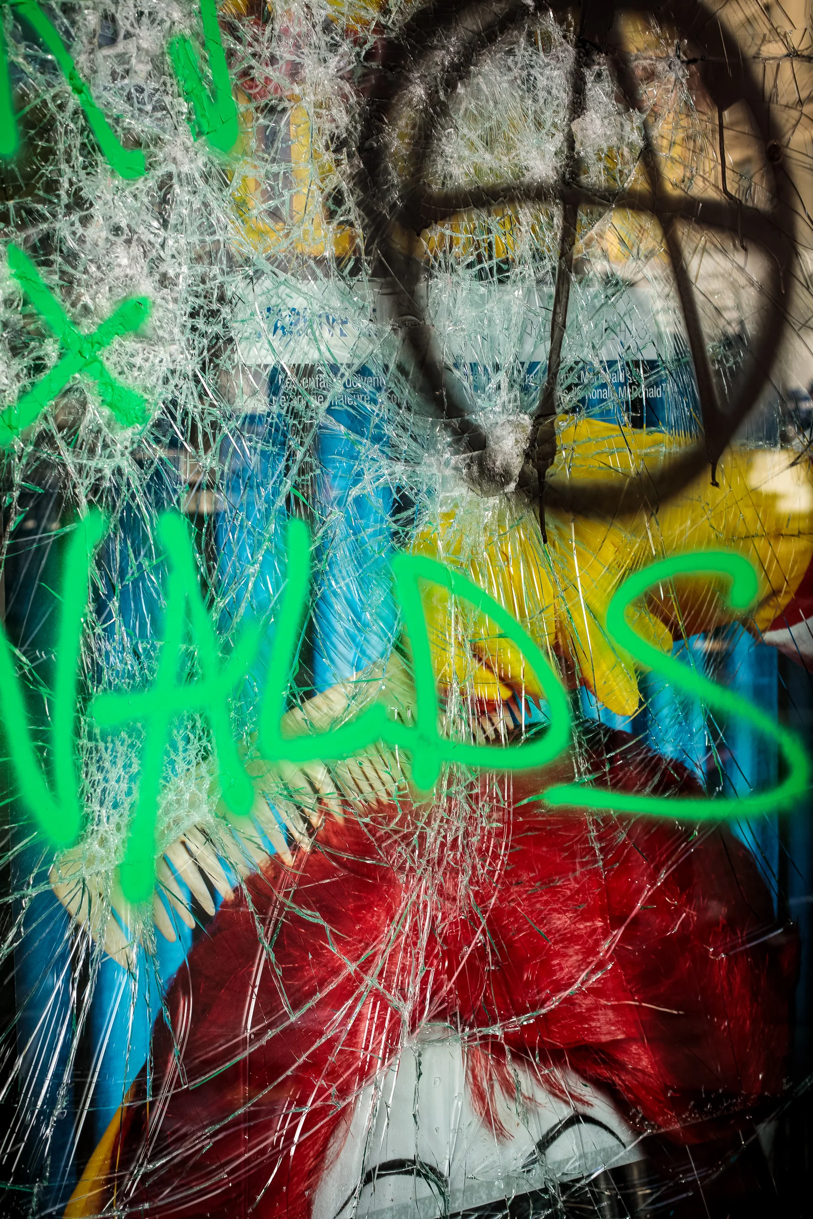 Shattered glass, spray paint & Ronald McDonald, 2018
