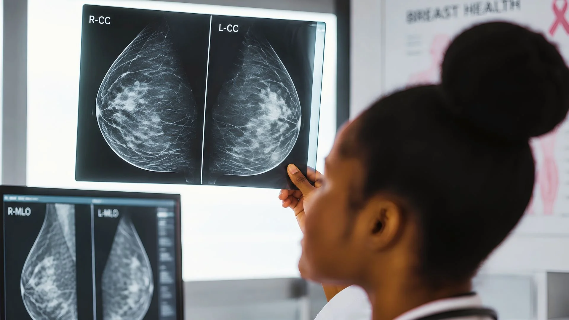A clinician in a white coat holds up mammogram films in front of a light board, with more mammogram images on a monitor nearby.