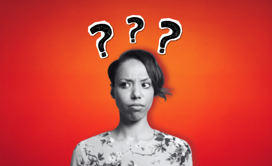 Confused Black woman looking to the side beneath three question marks against a red and orange background, illustrating DARVO and conversational manipulation.