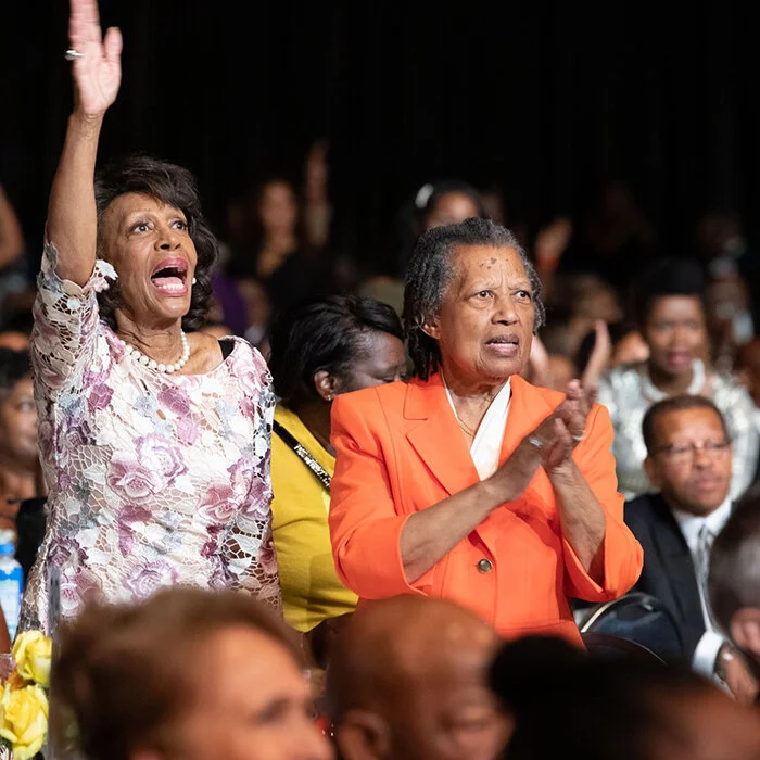 In attendance wearing a pastel floral print dress is U.S. Representative for California's 43rd congressional district since 2013, Maxine Waters, affectionately known as ‘Auntie Maxine’ (Credit: Congressional Black Caucus Foundation, Inc.)