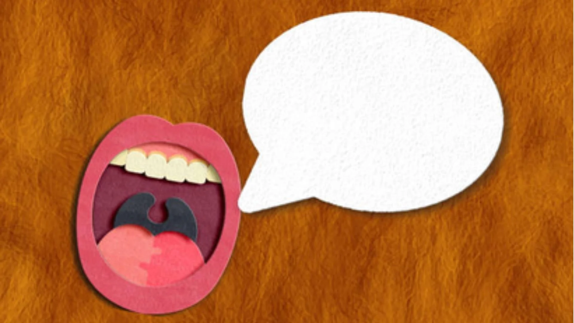 Paper-cut illustration of an open mouth beside a blank white speech bubble on a textured orange background.