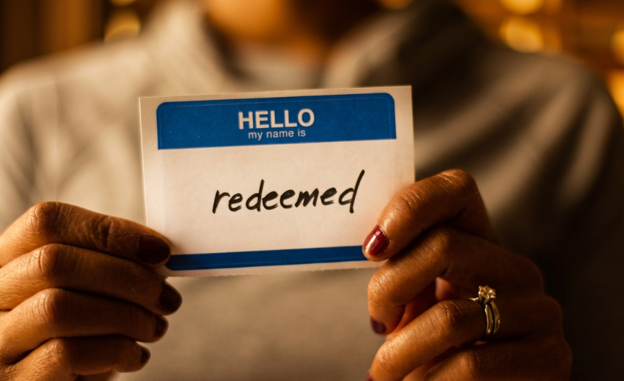 A woman holding a HELLO my name is name tag with the word "redeemed" written on it, illustrating the new identity received through Christ