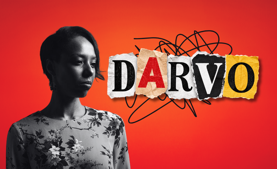 Black woman beside torn-paper letters spelling “DARVO” with tangled black lines behind the text on a red and orange background.