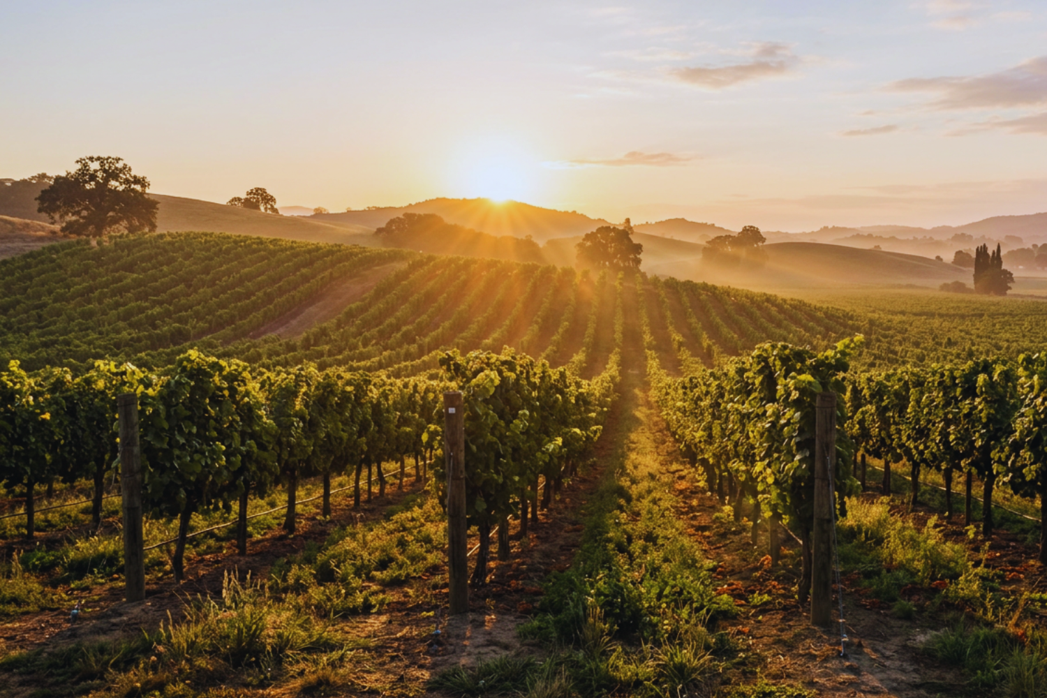 Rows of grapevines stretch across rolling hills as the sun rises over a misty valley.