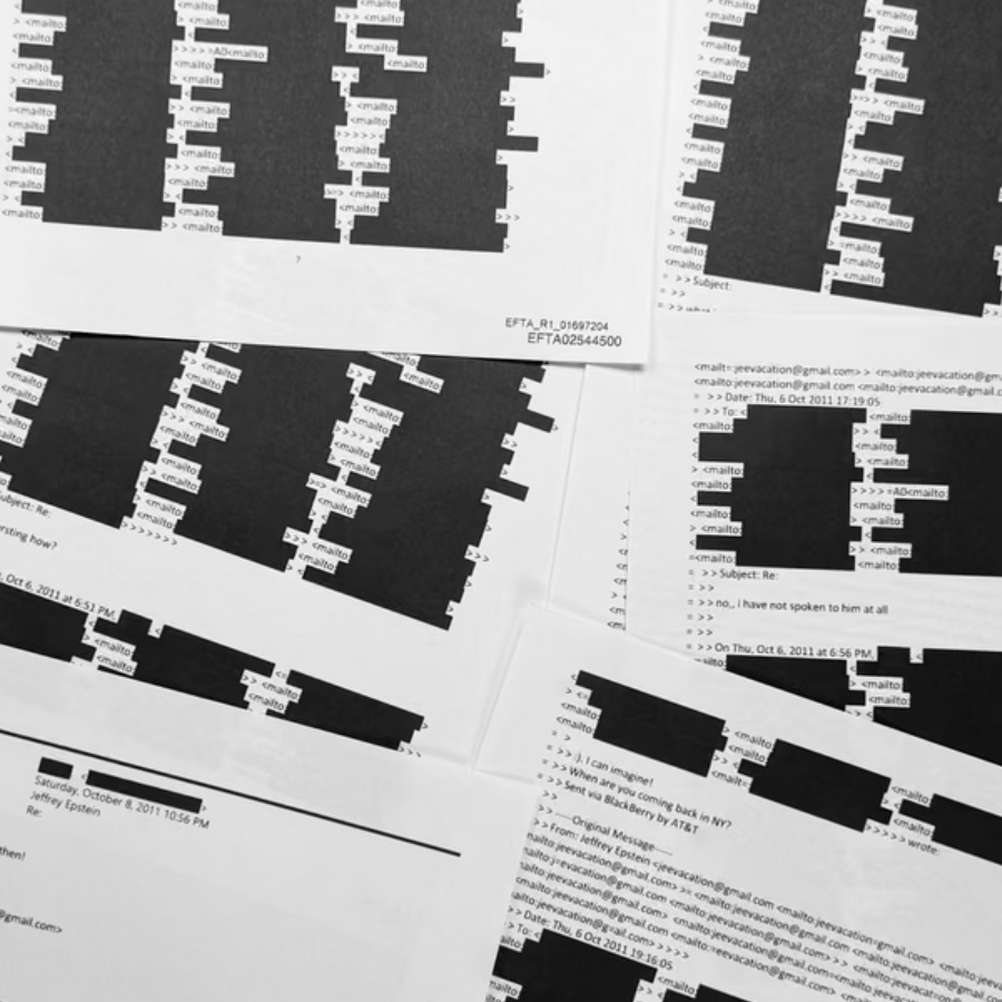 Photograph of heavily redacted documents related to the Jeffrey Epstein case, with large portions of text blacked out.