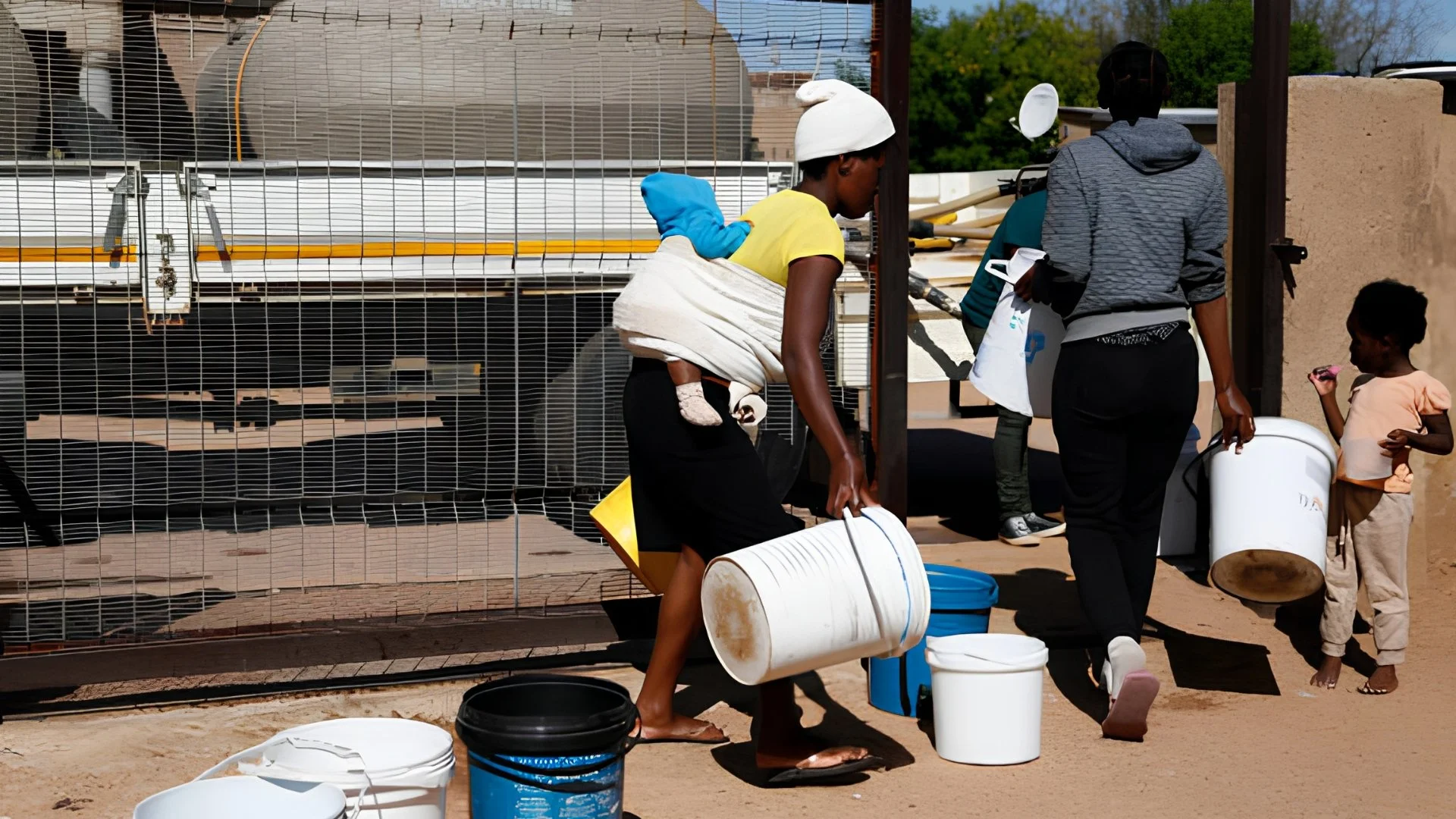 A woman carrying a baby on her back and a white bucket walks with other residents and a small child toward a water tanker, with empty buckets on the ground.