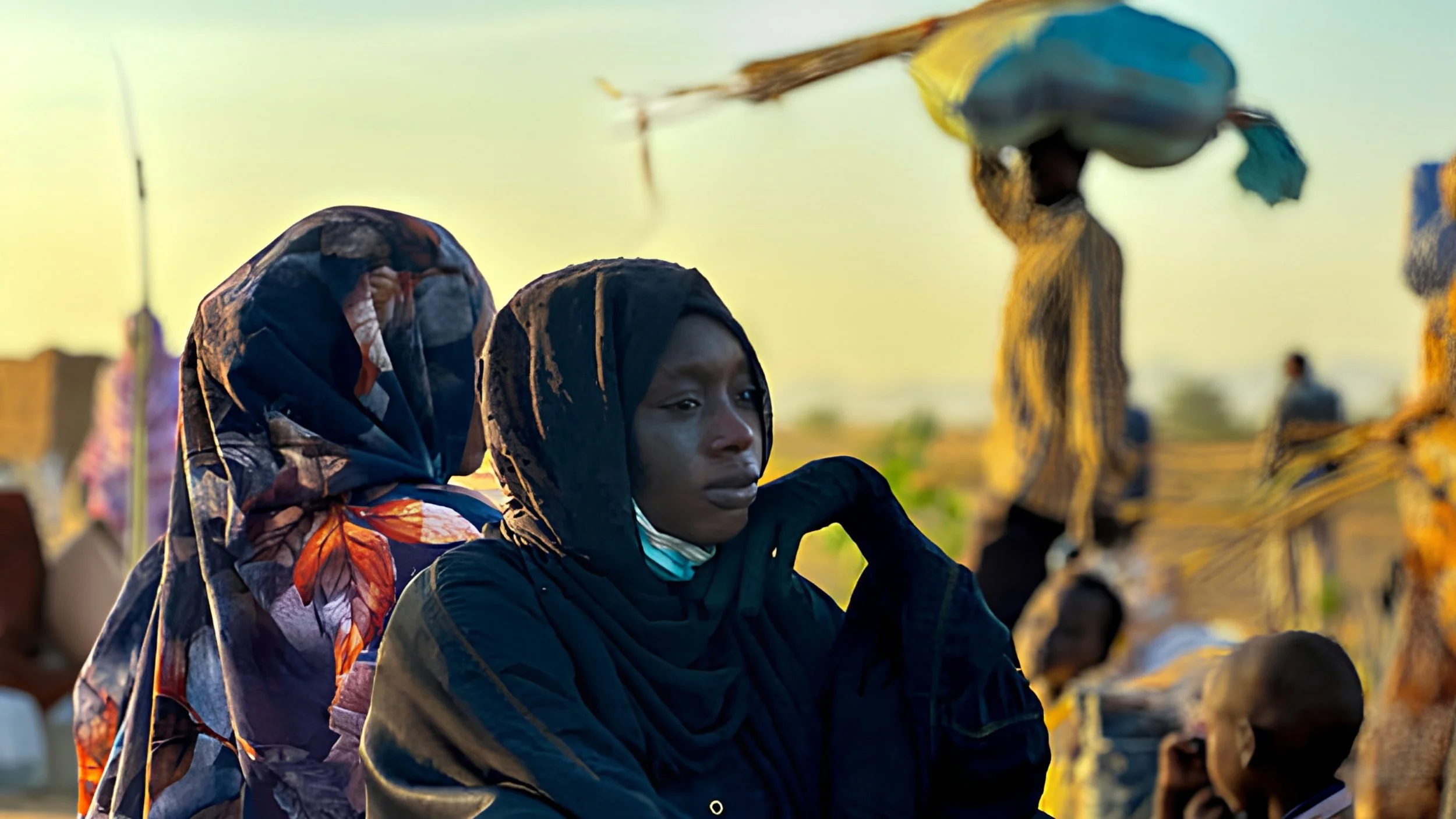 A woman in a dark head covering rests her chin on her hand beside a woman in a floral scarf, while a person behind them carries a large bundle on their head in golden evening light.