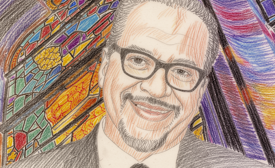 Illustration of gospel composer Richard Smallwood smiling inside a church sanctuary with stained glass windows, symbolizing his enduring influence on Black worship music.
