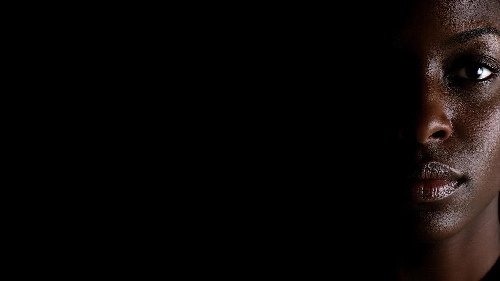 A Black woman’s face, half lit and half hidden in shadow against a black background, gazing steadily at the camera.