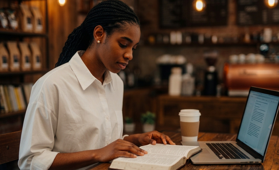 A woman studying her open Bible beside a laptop in a cafe, illustrating an everyday believer preparing to share the Gospel