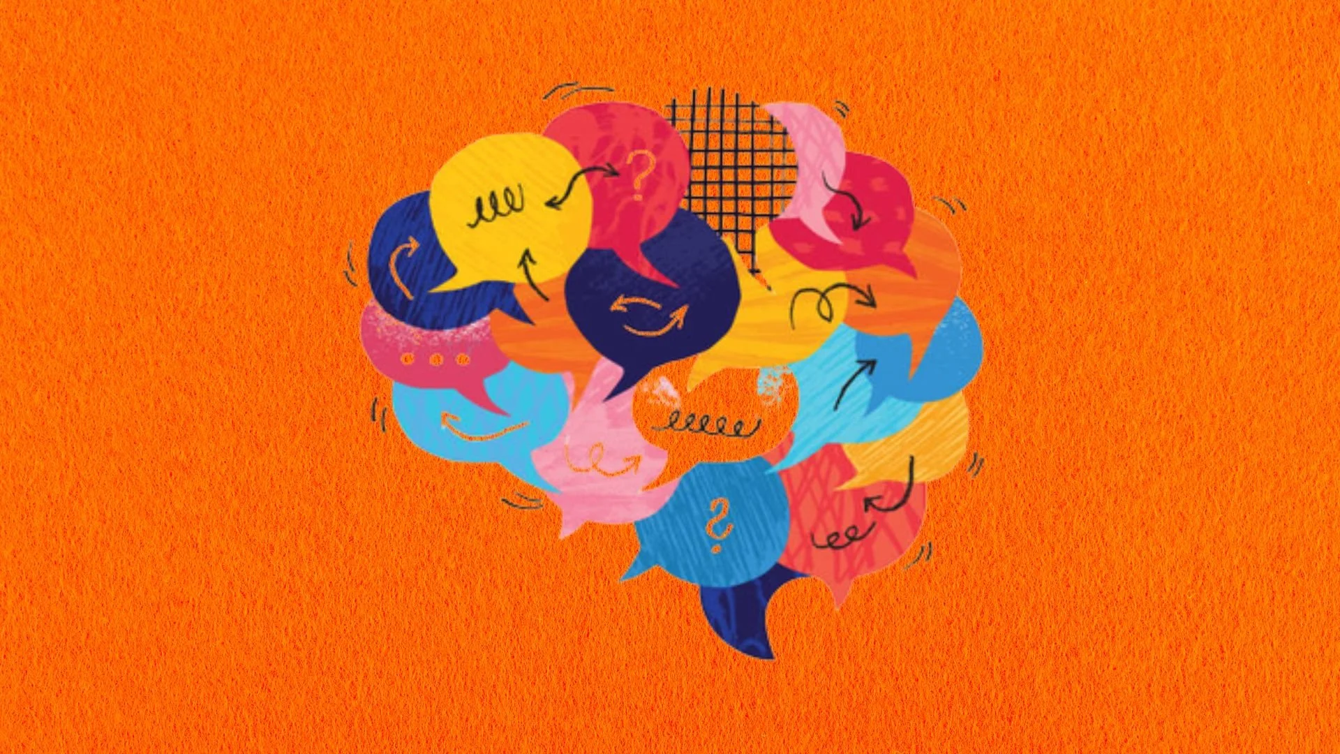 Illustration of a crowded cluster of colorful speech bubbles with question marks and tangled arrows on an orange background.