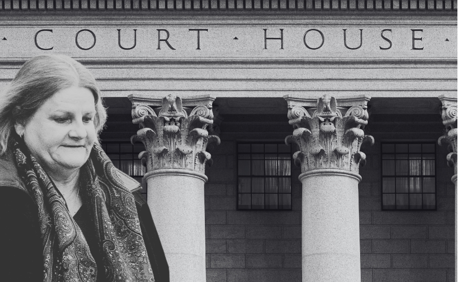 Black-and-white image of a courthouse facade with columns, with Judge Hannah Dugan shown at left, illustrating questions of judicial authority and institutional responsibility.