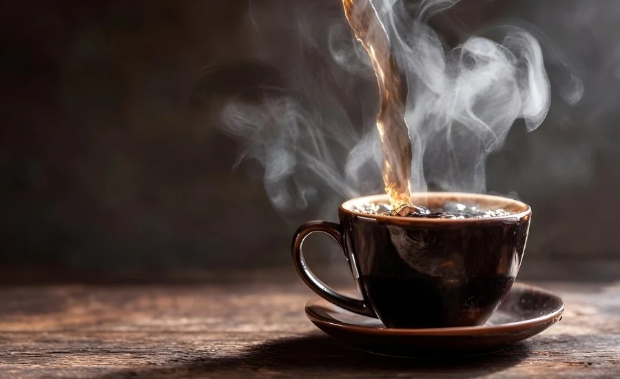 Hot coffee pours into a dark ceramic cup on a saucer, sending up swirls of steam.