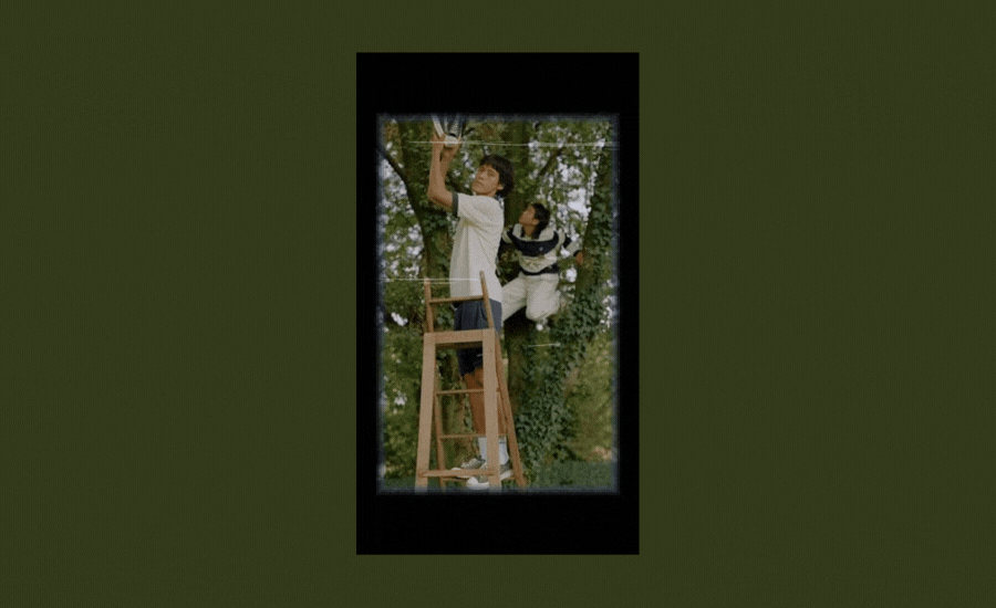 Converse and Palmes ad showing a person on a wooden ladder holding sneakers overhead near a tree, with another person in the background.