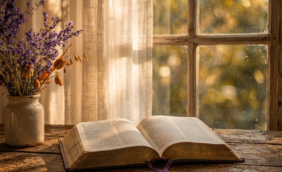 Open Bible on a rustic wooden table in golden window light, symbolizing mission-centered ministry