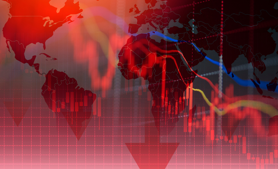 A red-tinted world map overlaid with falling stock market candlestick charts, trend lines and downward-pointing arrows.