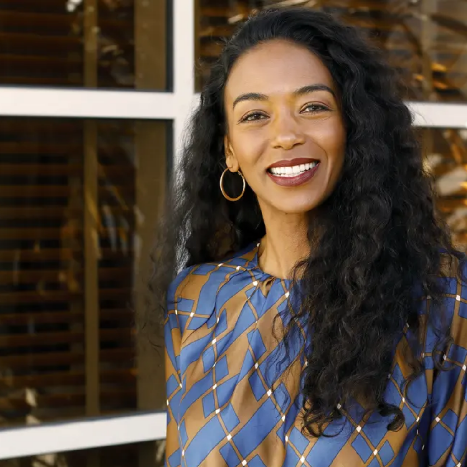 Ananda Lewis smiles outdoors in front of a window, wearing gold hoop earrings and a blue and brown geometric-print blouse, her long curly dark hair falling over one shoulder.