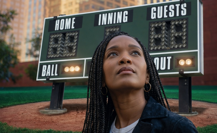 A woman looking upward in front of a blank stadium scoreboard, illustrating the human habit of keeping score before God