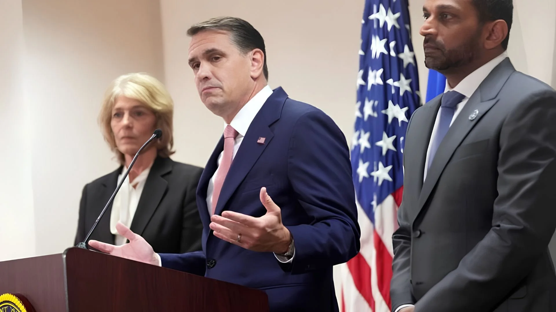 Todd Blanche gestures while speaking at a lectern, standing between Theophani Stamos and Kash Patel, with an American flag behind them.