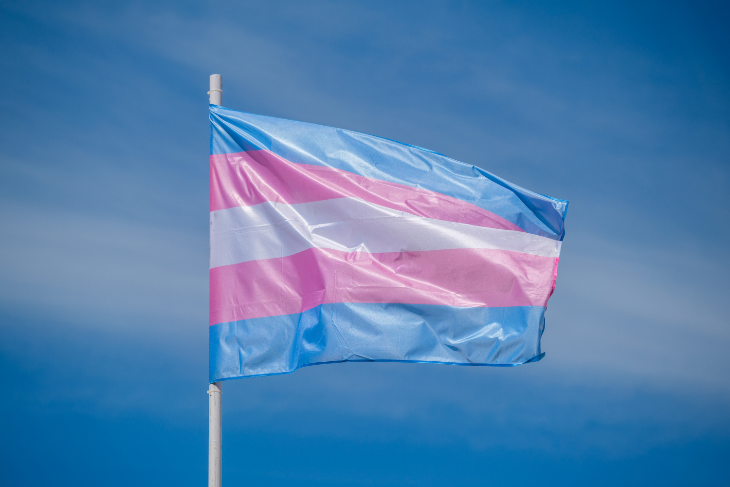 A transgender pride flag with light blue, pink and white horizontal stripes waves on a white pole against a blue sky.