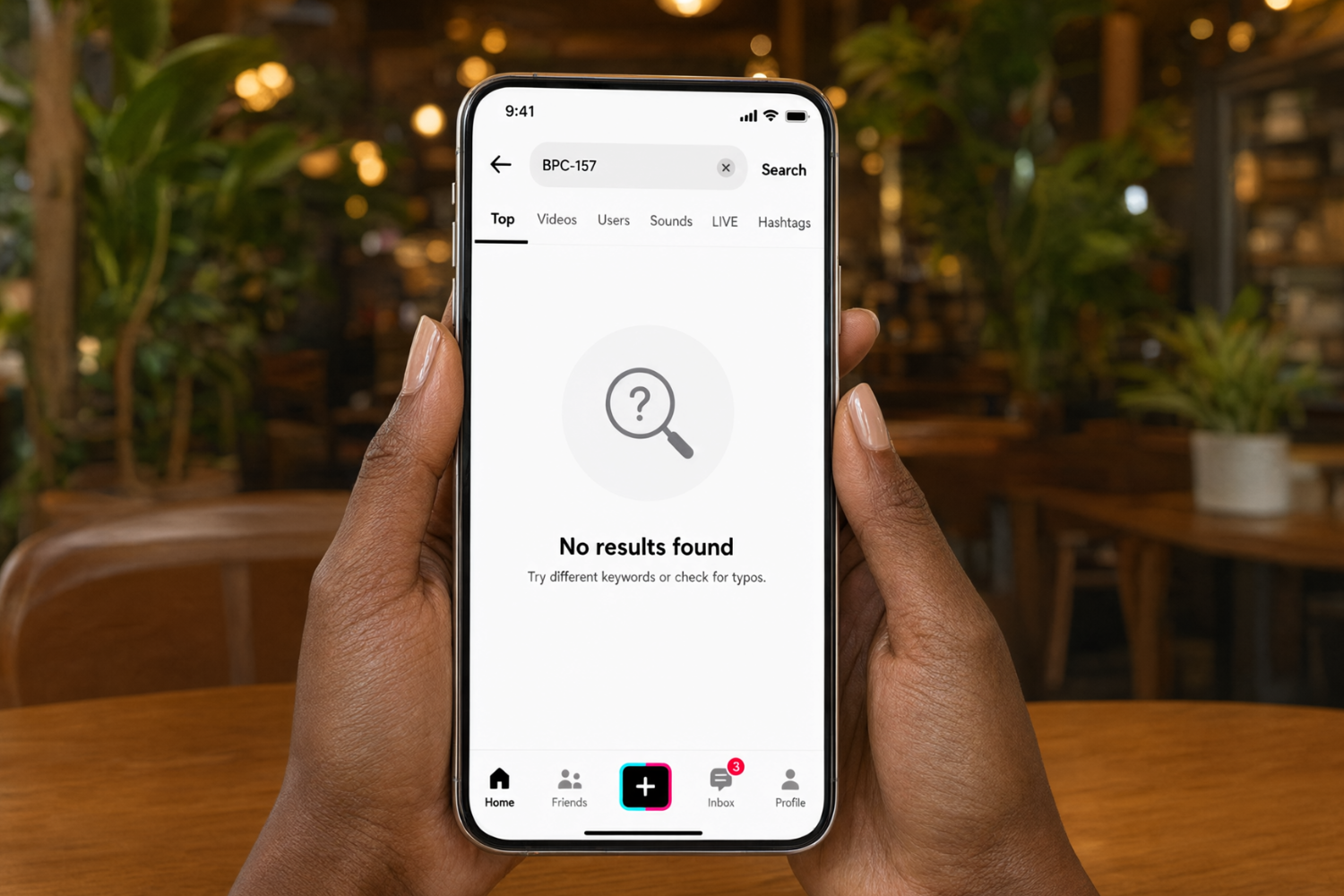 Two hands hold a smartphone above a wooden table, its screen showing a TikTok search for BPC-157 with the message “No results found.”