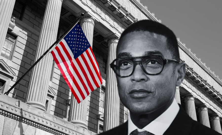 Illustrated image of journalist Don Lemon in front of a federal courthouse with an American flag, symbolizing a federal legal case involving press freedom, protest activity, and religious liberty.