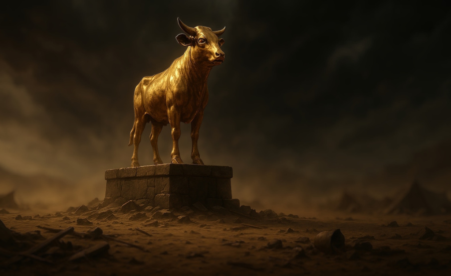 A golden calf idol standing on a stone pedestal in a barren, dusky landscape, depicting the idolatry of Exodus 32