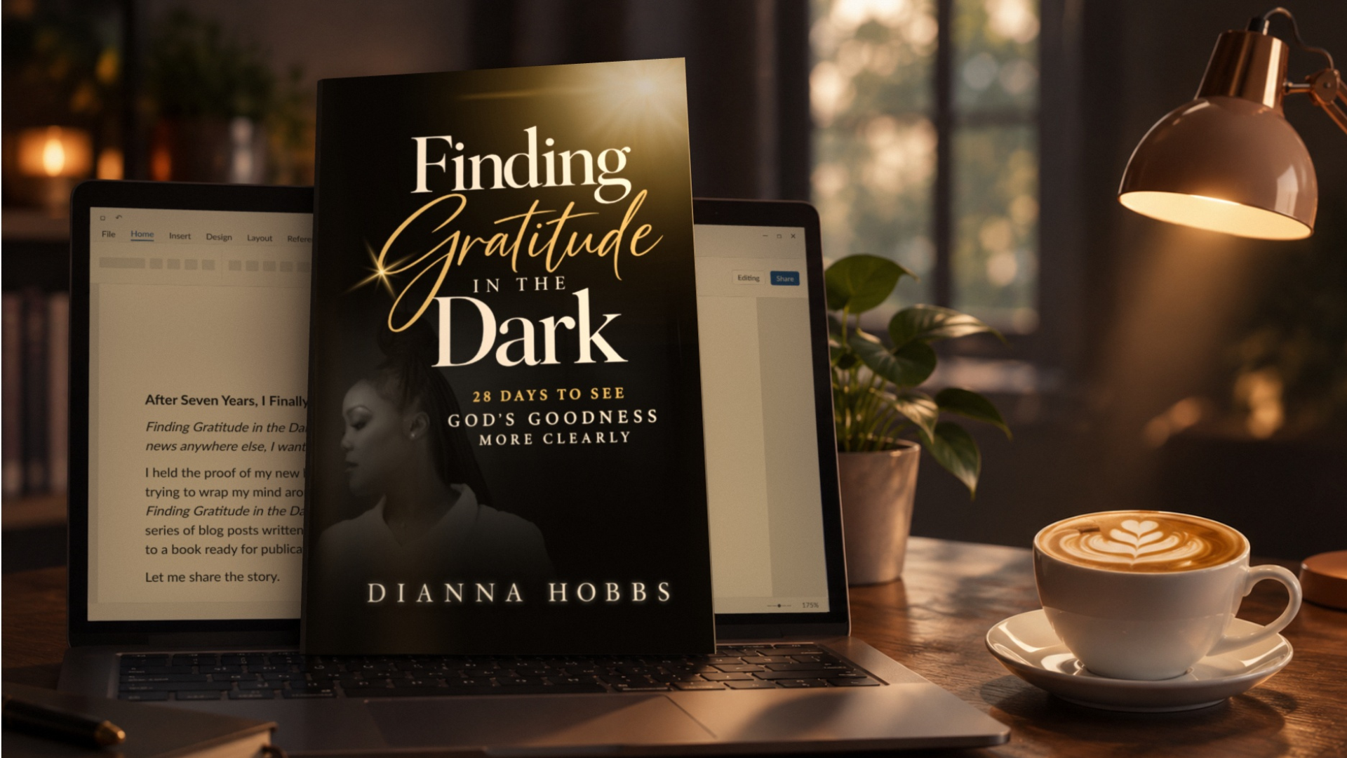 Finding Gratitude in the Dark by Dianna Hobbs standing on an open laptop beside a cup of coffee and a desk lamp.