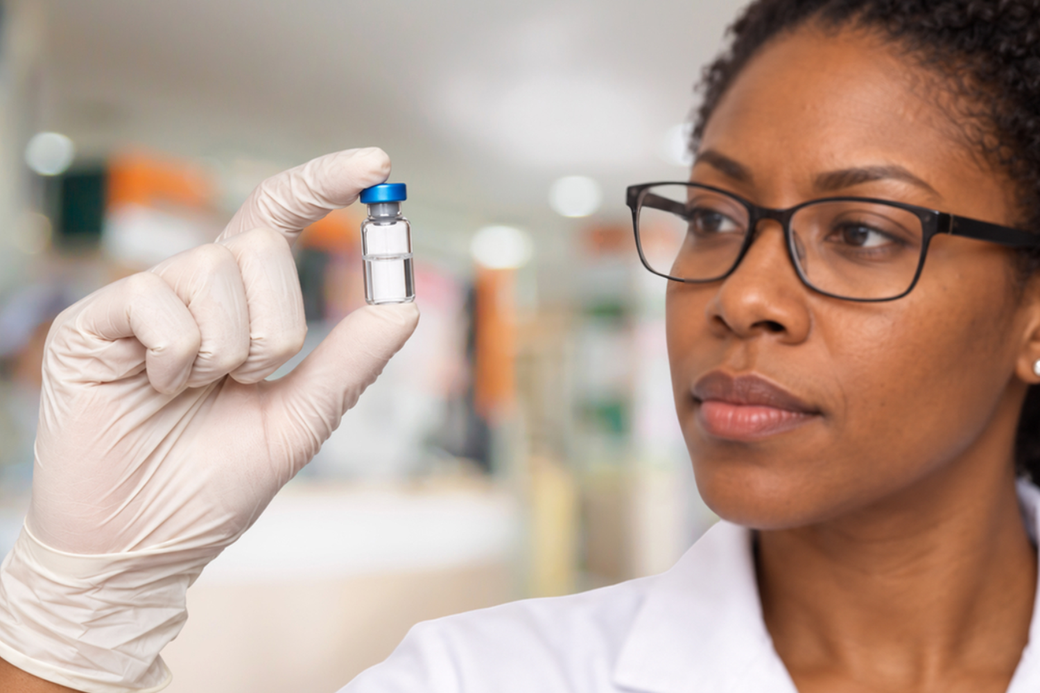 A pharmacist wearing glasses and a white coat holds up a small glass vial in a gloved hand and examines it.